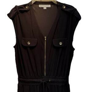 Militaristic Front Zip Sleeveless Elastic Waist Epaulets Jumpsuit Women M Black